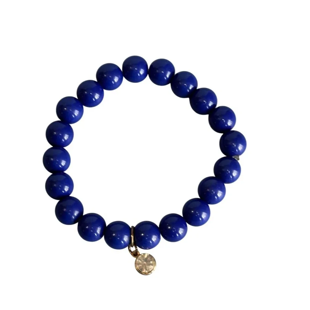 Cobalt Blue Glass Beaded Stretch Bracelets With Rhinestone Charm Accents - Picture 3 of 9